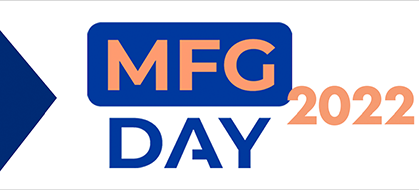 A blue and orange logo for mfg day 2 0 1 9.